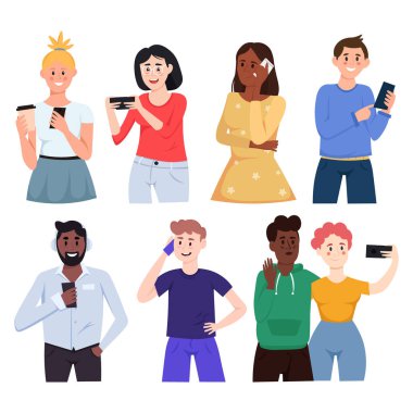 Akıllı telefonları olan bir grup insan. Cep telefonlu kadın ve erkekler beyaz arka planda izole edilmiş çizgi film karakterleri. Vektör illüstrasyonu.