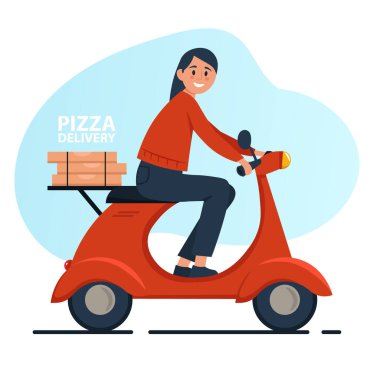 Yemek dağıtım servisi. Pizza kuryesi motosiklet ya da motosiklet kullanıyor. Teslimat motosikletinde motosiklet sürücüsü. Vektör çizgi film illüstrasyonu.