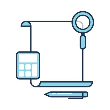 Ofis malzemeleriyle dolu boş kağıt listesi. Kalem, hesap makinesi ve büyüteçle dolu boş bir kağıt. Vektör illüstrasyonu.