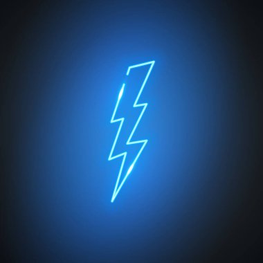 Neon yıldırımı. Siyah arka planda parlayan mavi ışık. Parlak yıldırım sembolü. Vektör tasarım ögesi.