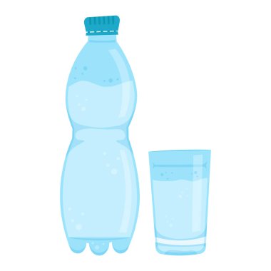 Beyaz zemin üzerinde cam izole plastik su şişesi. Vektör illüstrasyonu.