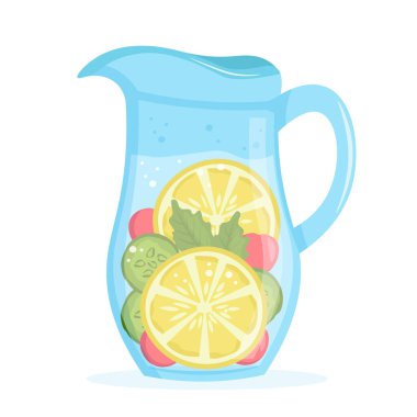 Taze limonatalı sürahi. Detokslu narenciyeli sürahi. Sağlıklı bir yaşam tarzı. Vektör illüstrasyonu.