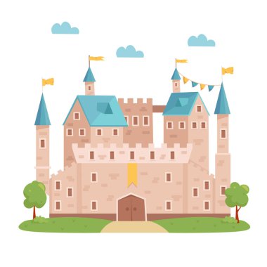 Ortaçağ Kalesi. Kuleleri ve bayrakları olan şövalye kalesi. Vektör çizgi film illüstrasyonu.