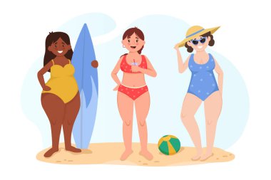 Mayolu kadınlar plajda dinleniyor ve yaz tatilinin tadını çıkarıyorlar. Vektör illüstrasyonu.