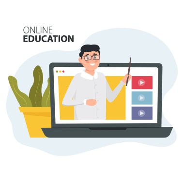 Profesyonel özel öğretmen. Video dersi için. E-öğrenme, eğitim ve kurslar, öğrenme. Çevrimiçi eğitim, evde eğitim. Vektör illüstrasyonu.
