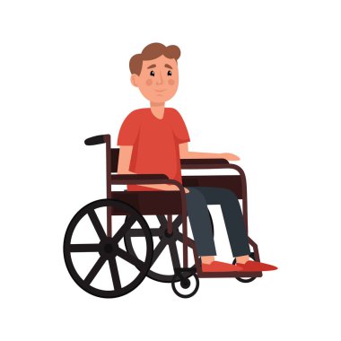 Tekerlekli sandalyedeki engelli kişi beyaz arka planda izole edilmiş. Vektör illüstrasyonu.