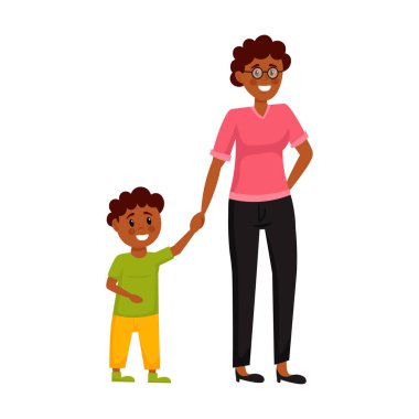 Anne ve oğlu beyaz arka planda izole edilmiş. Vektör illüstrasyonu.