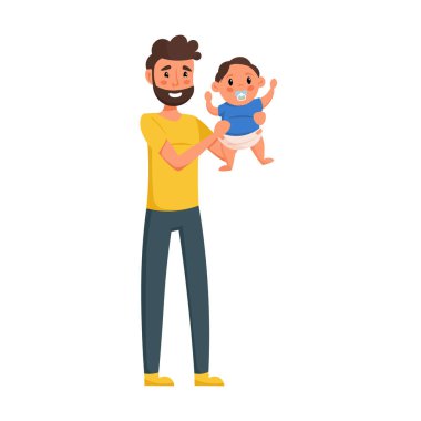 Babası küçük oğlunu elinde tutuyor, beyaz arka planda soyutlanmış. Vektör illüstrasyonu.