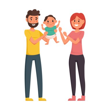 Anne ve baba küçük oğullarını kucaklıyor. Beyaz arka planda izole edilmiş. Vektör illüstrasyonu.