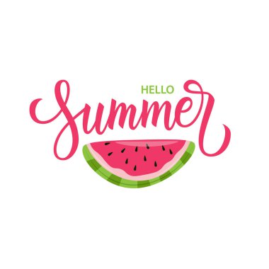 Merhaba Summer. Yaz sezonu kart şablonu, el çizimi harfler ve karpuz. Yaz zamanı vektör illüstrasyonu.