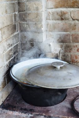 Arka bahçedeki fırında yemek pişirmek. Ateş bir yaz tuğlası fırınında yanıyor..