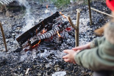 Close up of baby's hands on hearth background. Man by the fire in nature in the cold season. The concept of natural resources and travel. The man warming hands near the bonfire