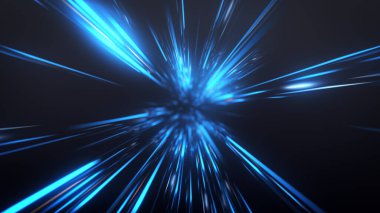 Soyut Koyu Parlak Mavi Işık Arkaplanı. Mavi lazer patlaması hareketinin perspektif görüntüsü. Uzun pozlama süresi warp hızı Işıklar mavi arkaplan yakınlaştırması