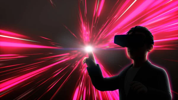 Stock image Young man wearing virtual reality goggles or 3d glasses and touching light over of light rays toned in red pink background.