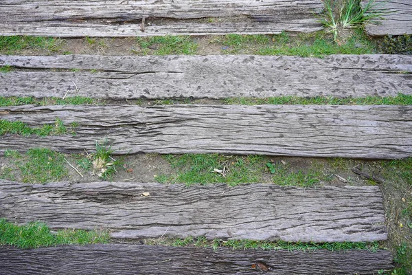 Holzsteg Garten Mit Grünem Gras Und Laub Hintergrund Alter Holzsteg — Stockfoto