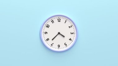 Yakın plan beyaz duvar saati mavi arkaplanda izole edilmiş. 3 boyutlu resimleme. Duvarda asılı saat surat. Minimalist düz plastik duvar saatinin mavi arkaplandaki görüntüsü. Boşluğu ve merkezi bileşimi kopyala.