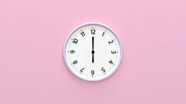 彩色背景上的白色时钟 墙上挂着白墙钟 彩色背景上塑料壁钟的极小平铺图像 时间概念 复制空间 6点钟 — 图库照片