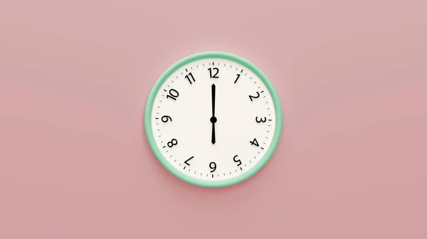 彩色背景上的白色时钟 墙上挂着白墙钟 彩色背景上塑料壁钟的极小平铺图像 时间概念 复制空间 6点钟 — 图库照片