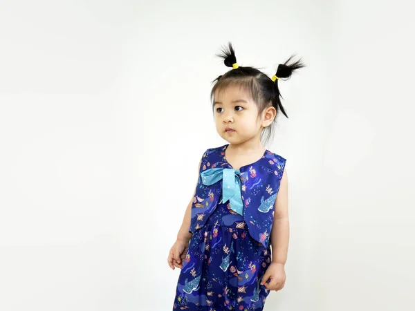 Pequena Menina Asiática Vestido Azul Estúdio Fundo Branco Imagem Criança — Fotografia de Stock