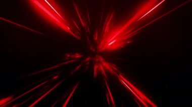 Zaman bükümlü kırmızı ışık ışınları döner ve arka planda yakınlaşır. Kırmızı lazer patlaması hareketinin perspektif görüntüsü. Uzun süreli warp hızı ışıkları kırmızı arkaplanı yakınlaştırır. 4K