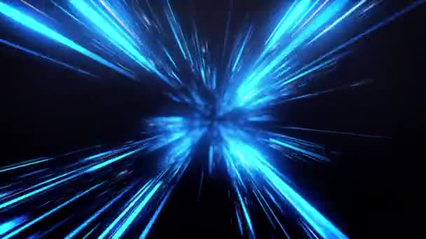 蓝色的光芒 具有时间翘曲旋转和变焦的背景效果 蓝色激光爆裂运动的透视 曝光时间长 翘曲速度快 灯光线蓝色背景放大 — 图库视频影像