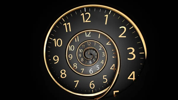 Infinity time. Golden old fashion clock with numerals Abstract time spiral effect. Digital generated An image of a nice spiral watch on a dark background. Concept of time, Retro style. Vintage clockwork background.