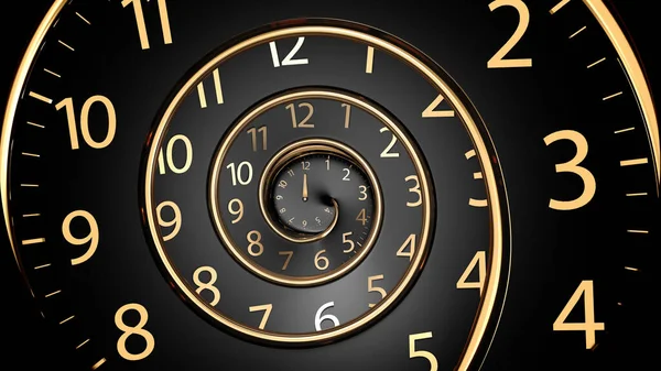 숫자가 황금색의 시계는 시간의 효과를 방출한다 디지털은 어두운 배경에서 나선형 — 스톡 사진
