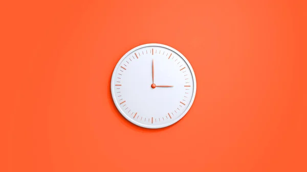 壁に時計を オレンジの背景に隔離された白い壁の時計 白い壁の時計が壁にかかっている 時間概念 コピースペースと中央の組成 3Dレンダリング図 — ストック写真