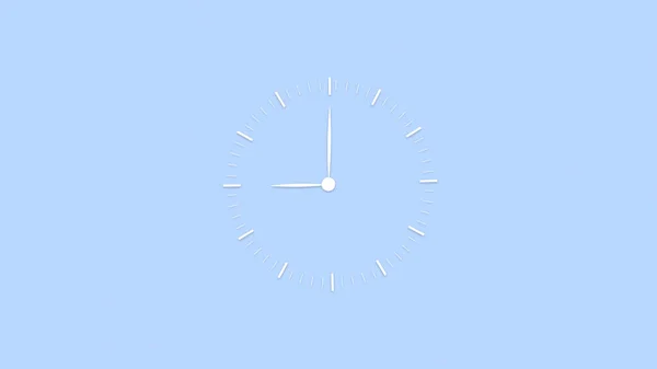 蓝色背景上的空白时钟 墙上钟表的最小设计 时钟手放在漆成淡蓝色的墙上 定时报时钟 最小时间概念 3D渲染说明 — 图库照片