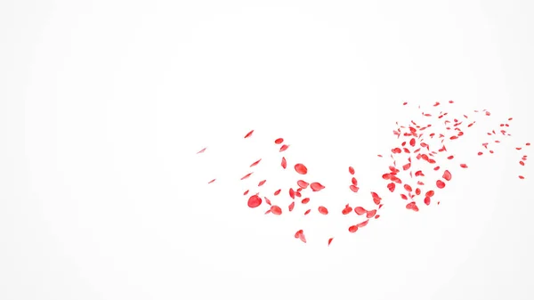 赤いバラの花びらが白い背景で空中を飛ぶ 赤いバラの花びら風の中を流れる白い背景に隔離された 要旨白地に曲線上に赤い葉の花を咲かせます 3Dレンダリング ロイヤリティフリーのストック写真