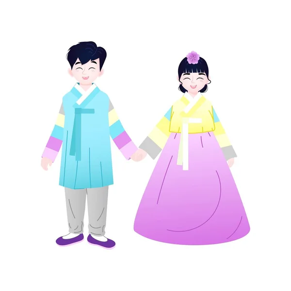 한복을 한국인 캐릭터 의상을 만화를 그리는 어린이들 — 스톡 벡터