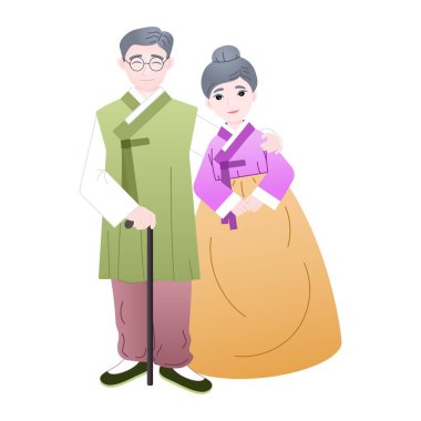 Hanbok izole vektör elementlerinde Koreli büyükbaba.