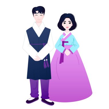 Hanbok vektör dairesindeki Koreli çift. Geleneksel Kore kostümüyle gülümseyen kadın ve erkek.