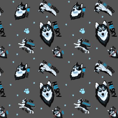 Şirin köpekleri, köpekleri, pençeleri ve soluk pembe kalpleri olan kusursuz bir model. Vektör illüstrasyonu