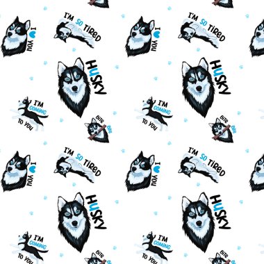 Şirin köpekleri, köpekleri, pençeleri ve soluk pembe kalpleri olan kusursuz bir model. Vektör illüstrasyonu