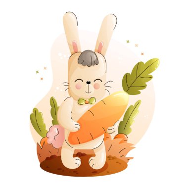 Yeşil papyonlu mutlu bir tavşanı olan şirin bir çocuk posteri. Gülümsüyor ve pençelerinde büyük turuncu bir havuç tutuyor. Tavşan yeşil yapraklar ve kir ile bir bahçede duruyor. Vektör