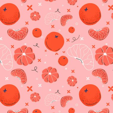 Pembe arka planda canlı renklerde elde çizilmiş turunçgillerden oluşan kusursuz desenler. Modern tasarımlar için mükemmel..