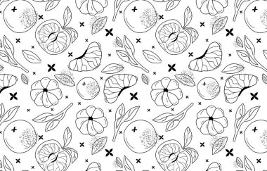 Çiçekler, meyve ve yaprakların çok yönlü tasarım kullanımı için kullanıldığı pürüzsüz siyah ve beyaz bir illüstrasyon.