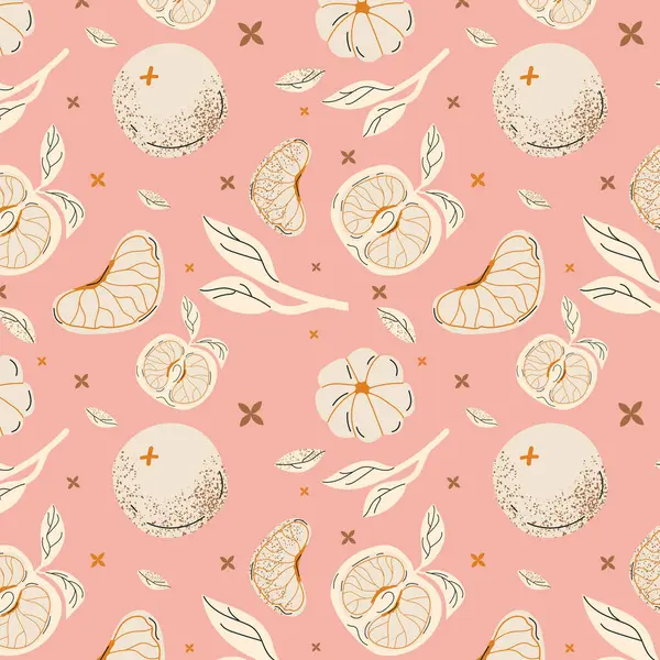Narenciye meyveleri, dilimler ve yaprakların elle çizilmiş pürüzsüz deseni yumuşak pembe ve krem rengi palette..