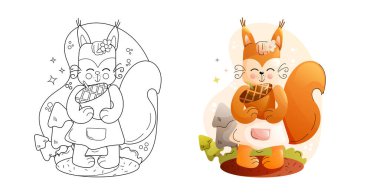 Şirin Sincap Renklendirme Sayfası Siyah, Beyaz ve Renkli Sürümler. Çocuk hayvanlar seti. Vektör illüstrasyonu