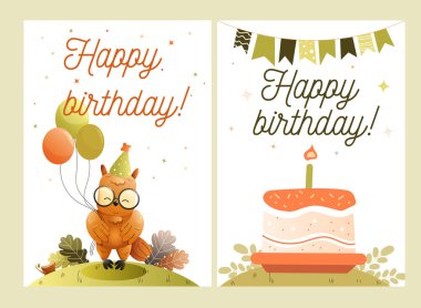 Çocuklar için hoş bir tebrik kartı. İçinde balon ve pasta tasarımı olan bir baykuşun olduğu şirin doğum günü kartları. Vektör illüstrasyonu