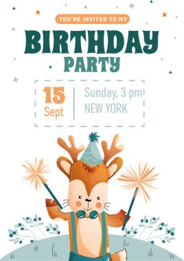 Çocukların doğum günü davetiyesi maytaplı şirin bir ren geyiği ve beyaz bir şapkayla. Vektör illüstrasyonu