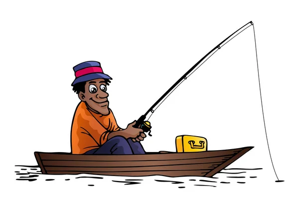 illustration of a cartoonman fishing on boat on isolated white background
