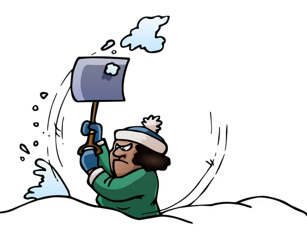 illustration of a black mom cleaning snow on isolated white background