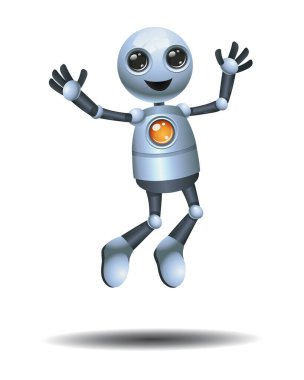 İzole edilmiş beyaz arka planda mutluluğa atlayan küçük bir robot işçinin üç boyutlu çizimi
