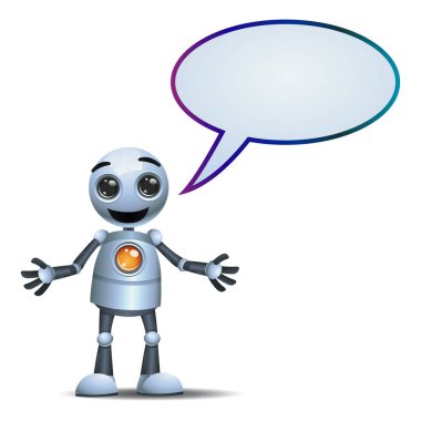 Küçük bir robot işçinin izole edilmiş beyaz arkaplan üzerinde boş baloncuk metni üzerine konuşan üç boyutlu çizimi