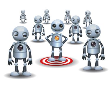 İzole edilmiş beyaz arka planda hedef alanın üzerinde duran küçük bir robot işçinin üç boyutlu çizimi