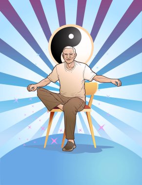 60 yaşındaki son sınıf öğrencisi sandalyede yoga yaparken çizilmiş. 