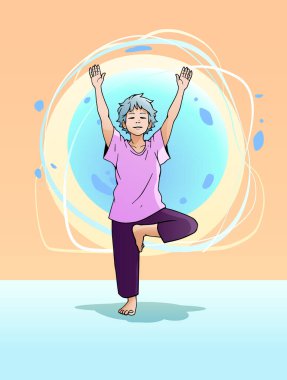 Üst düzey bir kadının yoga egzersizi yaparken çizdiği resim tasarımı.