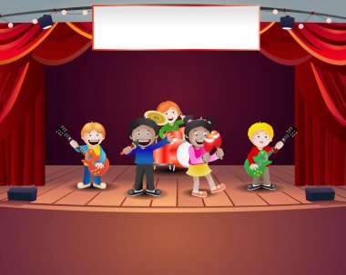 Sahne arkasında müzik çalan çok kültürlü çocukların çizimi